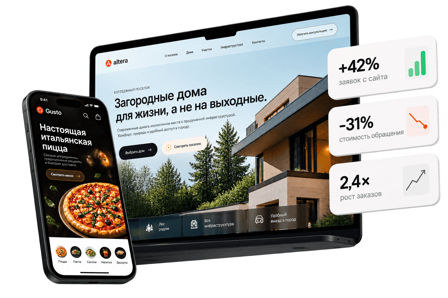 Композиция макетов проектов: сайт, приложение и показатели роста